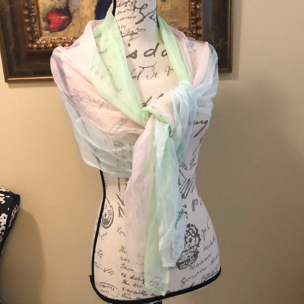 Moschino sheer silk mint pale pink rainbow pastel lightweight oblong scarf wrap
